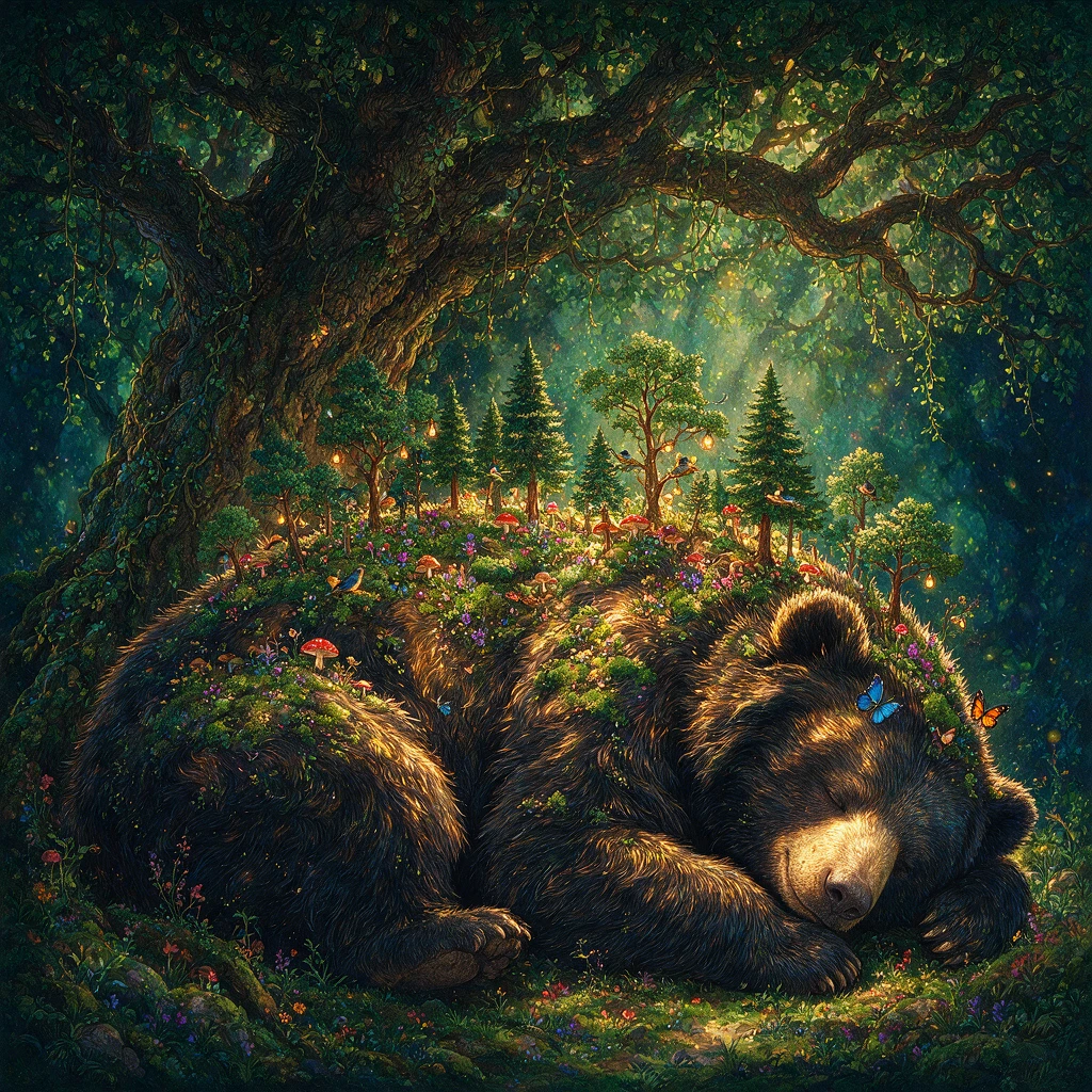 Sleeping sloth bear with a tiny enchanted forest on its back