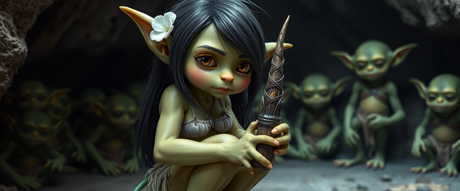 Jovem goblin fofa com cabelo longo e escuro em uma caverna
