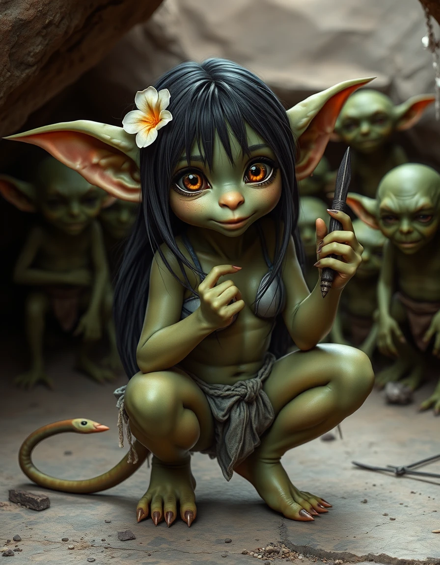Jovem goblin fofa com cabelo longo e escuro em uma caverna