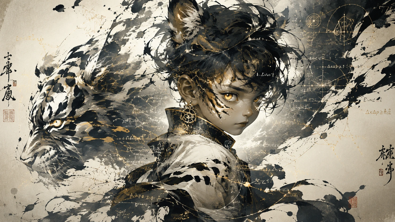 Criança felina futurista se dissolvendo em gestos abstratos de tinta