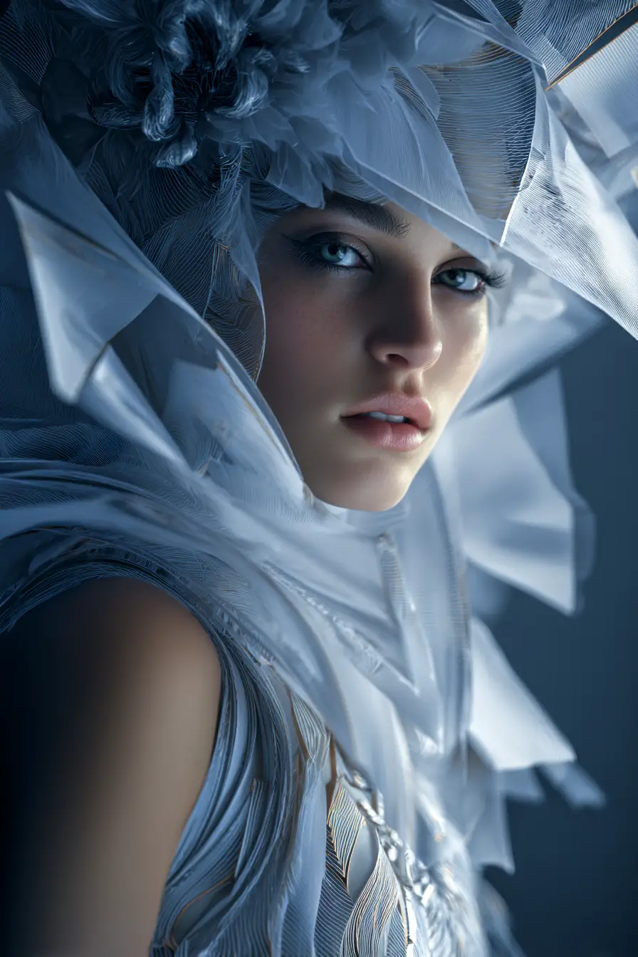 Surreal fashion woman in luminous psychedelic dreamscape