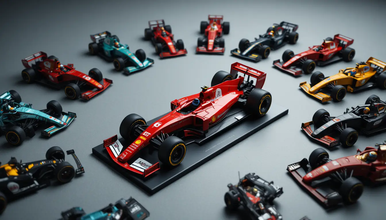 Scatto in studio dall’alto di una collezione di modellini di auto Formula 1