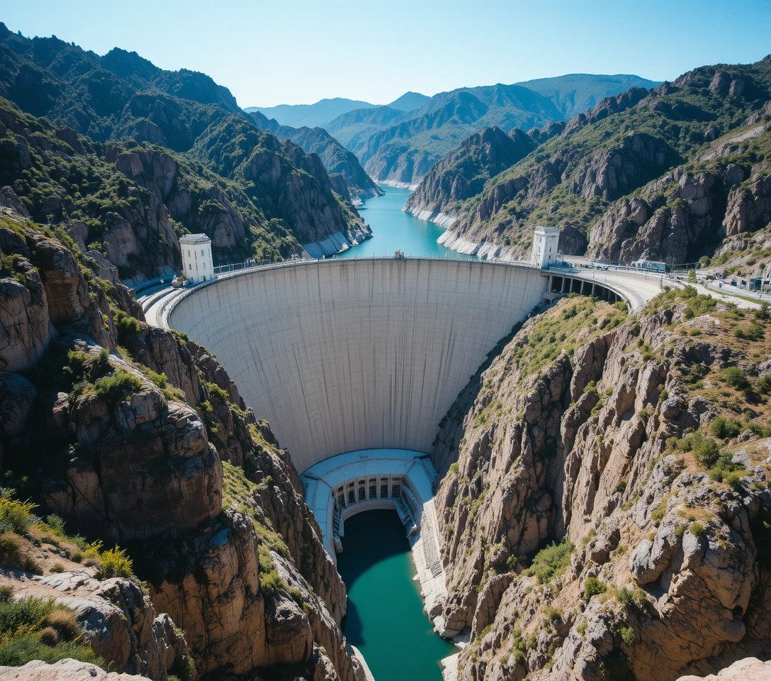 Massiver Betondamm über einem türkisfarbenen Bergstausee