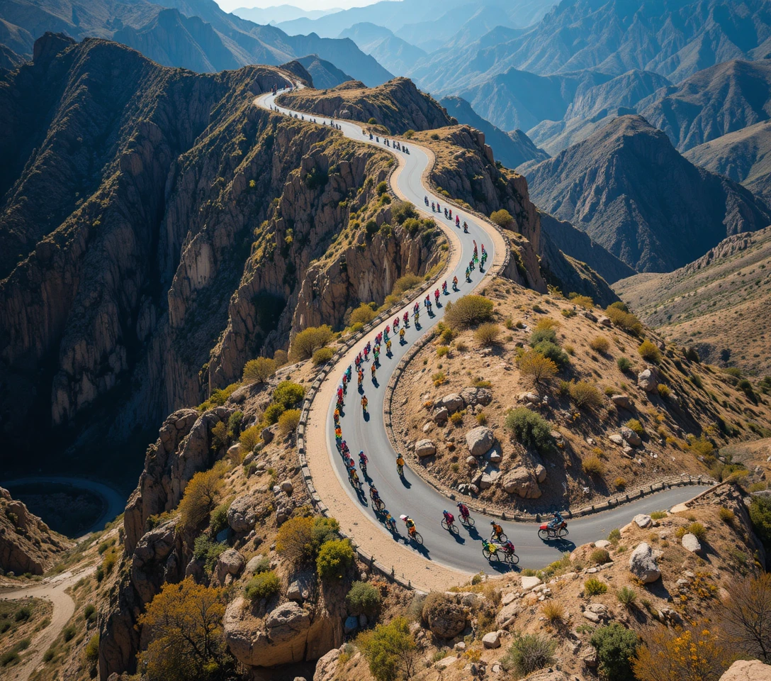 Ciclistas sobem uma estrada de montanha sinuosa vistos de cima