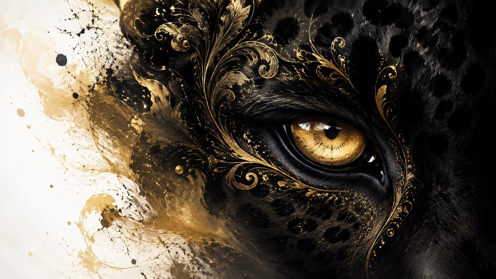 Primo piano fantasy dell’occhio di un leopardo nero con motivi dorati