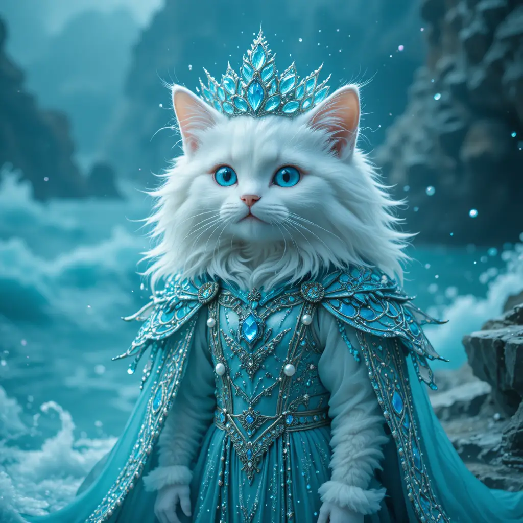 Maestoso gatto bianco, re delle acque, accanto a un oceano turchese
