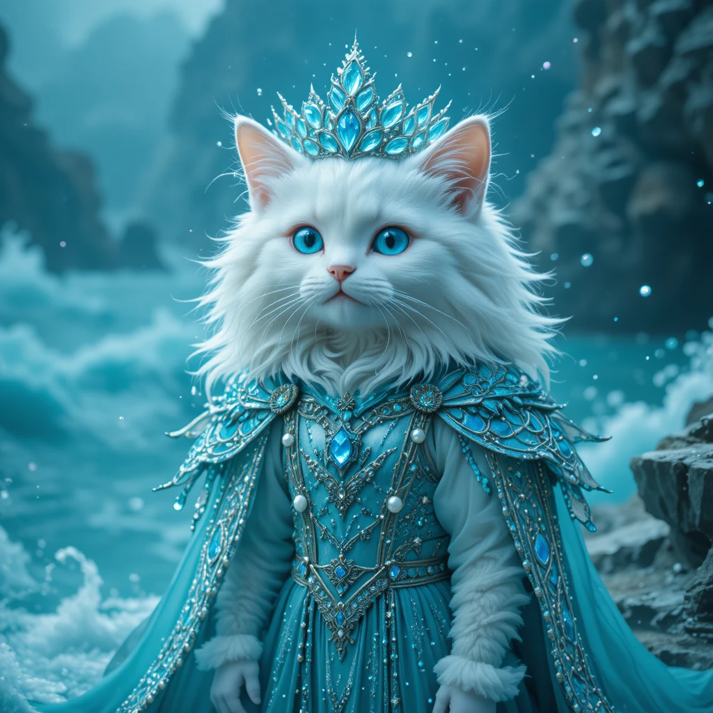 Majestoso rei aquático gato branco ao lado de um oceano turquesa