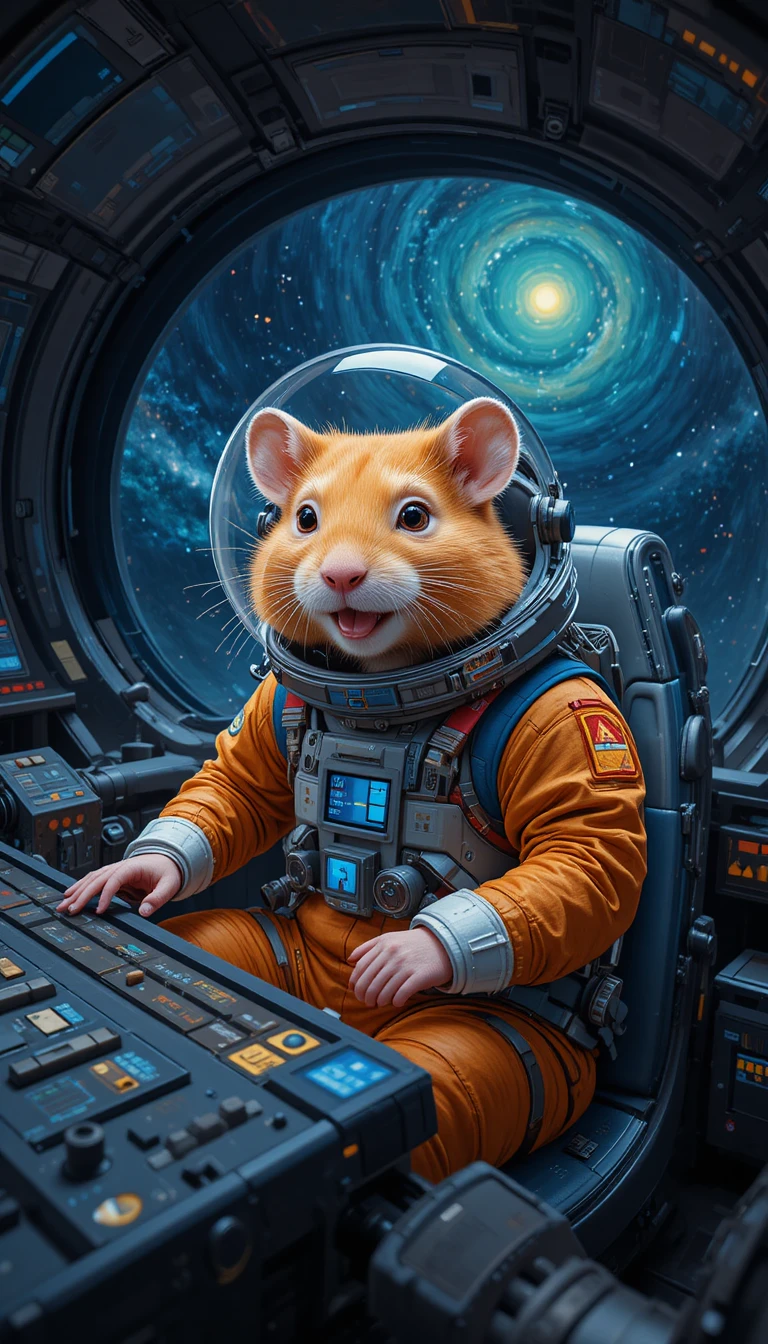 Hamster capitaine heureux dans le cockpit d’un vaisseau spatial sci-fi