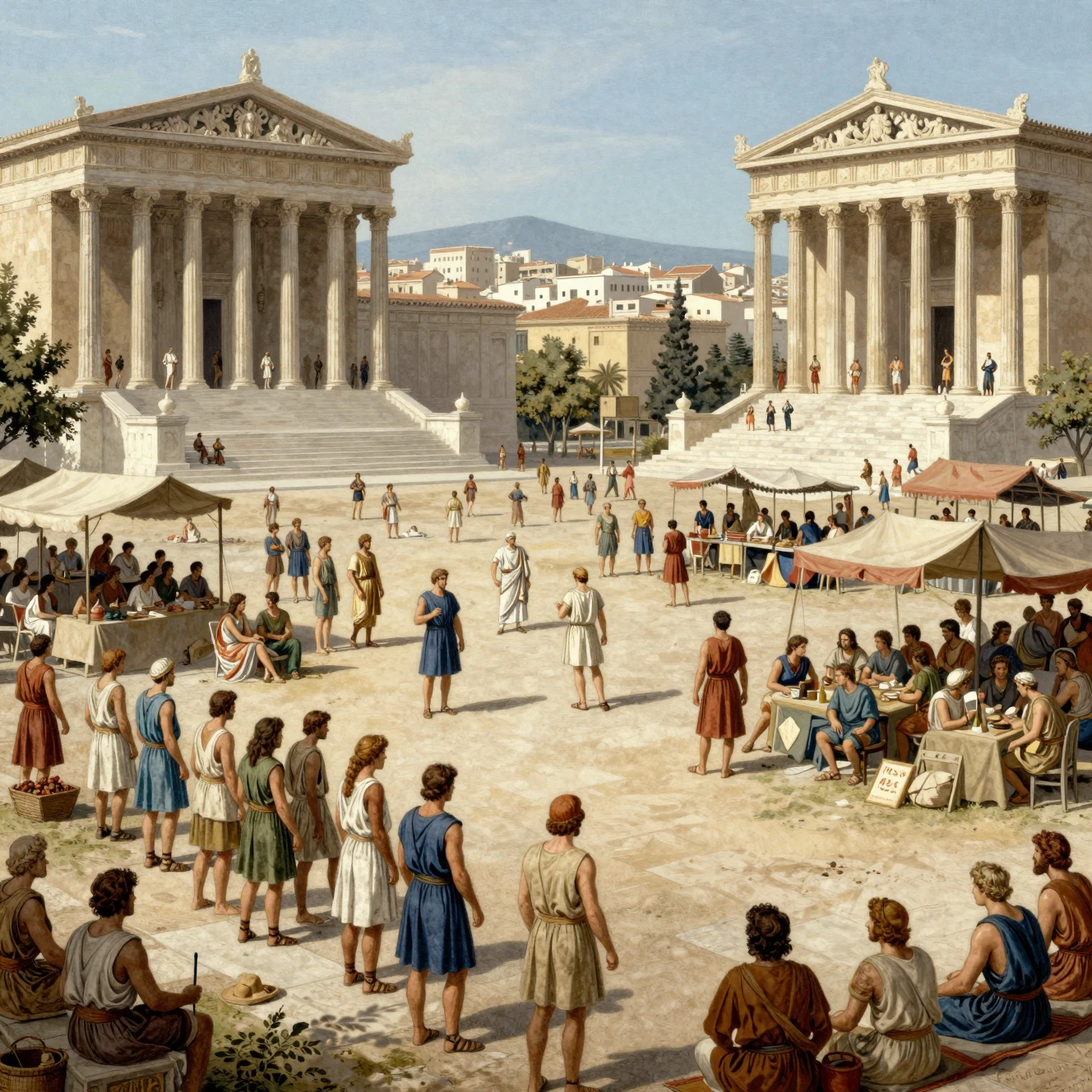 Agorà di Atene dell'antica Grecia con cittadini nella vita quotidiana