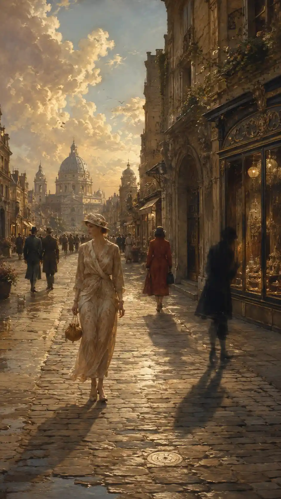 Donna elegante che cammina da sola in una strada europea illuminata dal sole