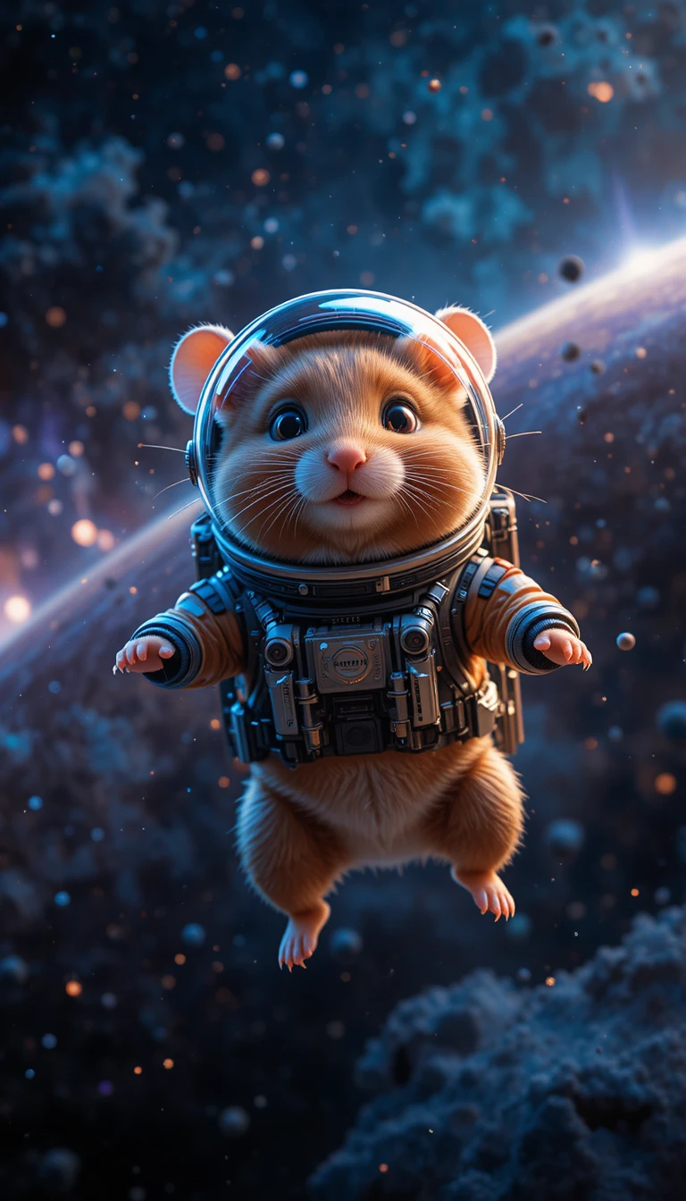 Adorable hamster capitaine en combinaison spatiale sci‑fi volant dans l’espace