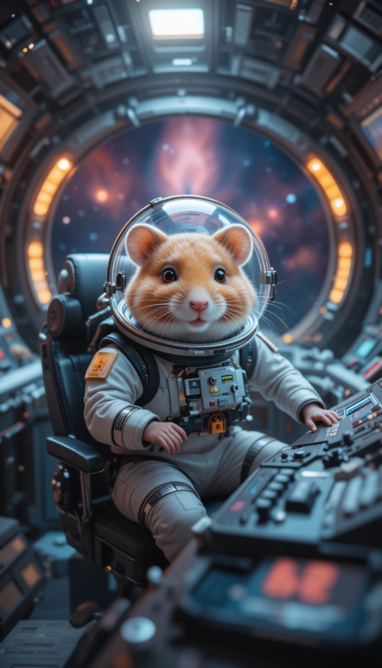 SF宇宙服を着て操縦席に座るかわいいハムスター船長