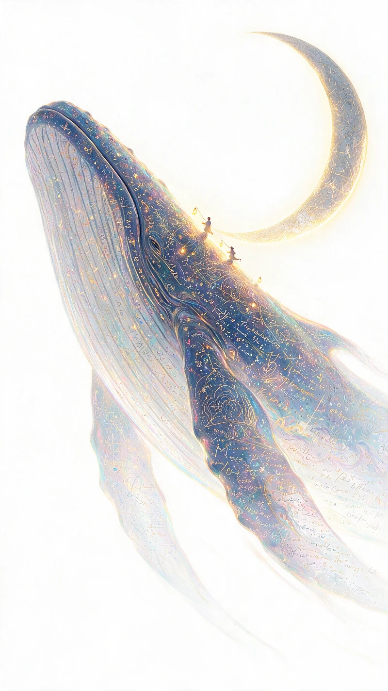 Baleia celestial deslizando graciosamente por um espaço branco luminoso