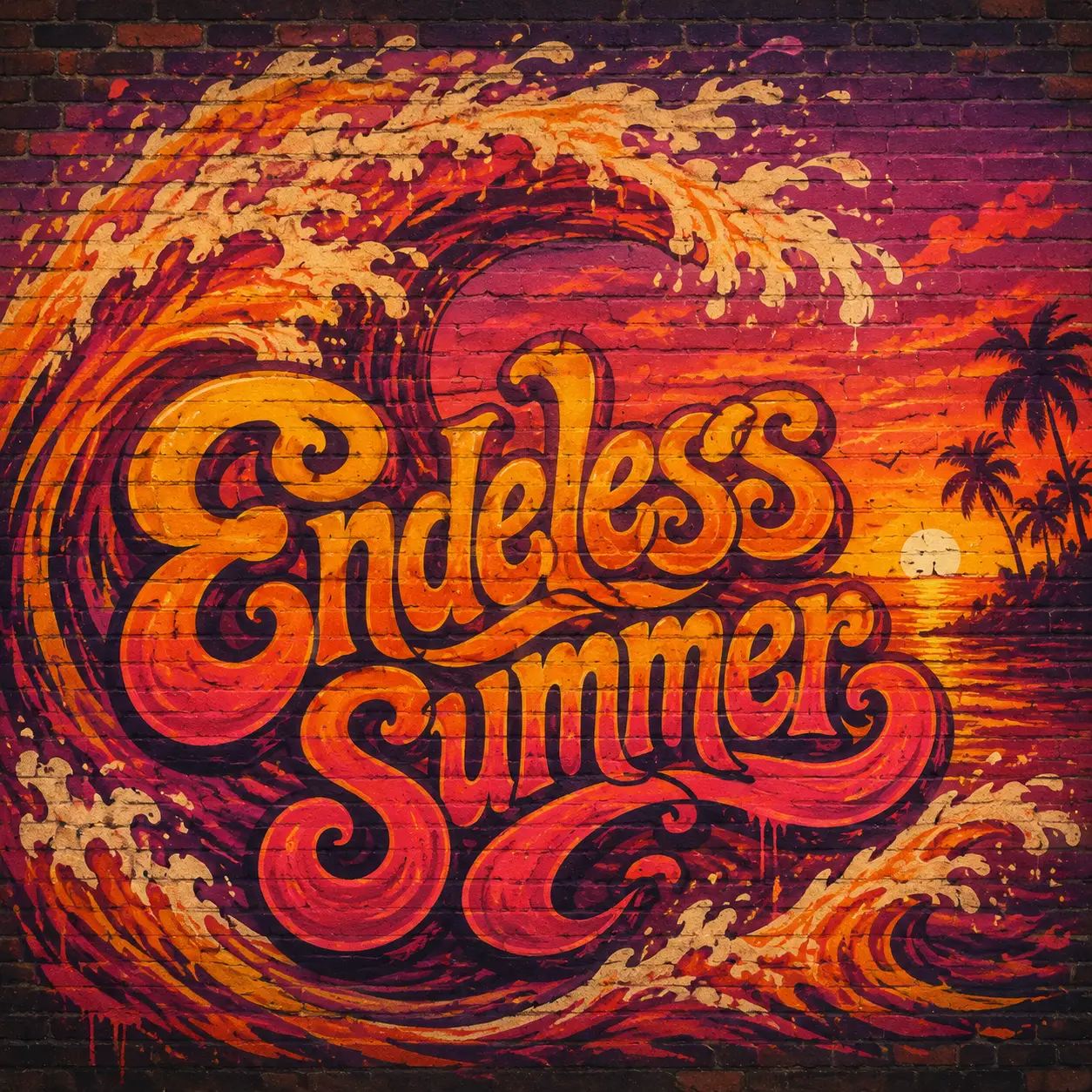 „Endless Summer“-Graffiti-Wandbild auf einer Ziegelmauer