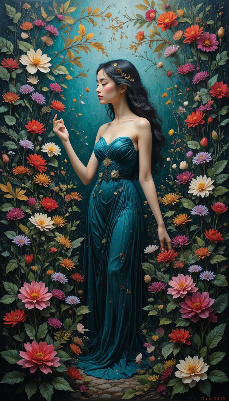 Zeitgenössische halbfigurative Frau, umgeben von rustikalen Blumen