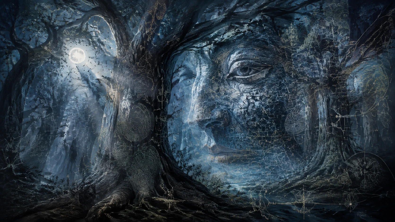 Antichi alberi che formano un volto guardiano in una foresta al chiaro di luna