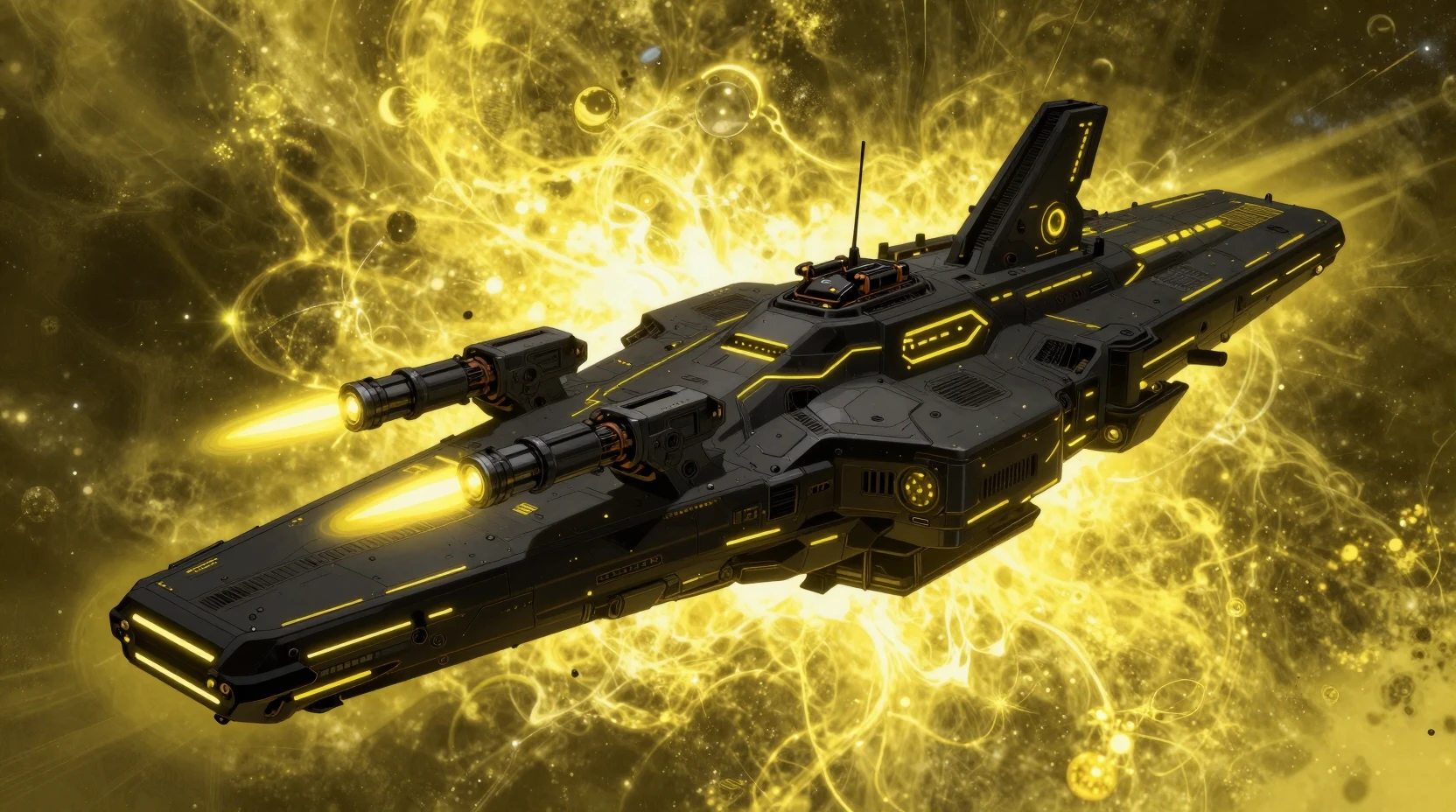 Kolossales Sci‑Fi‑Kriegsschiff, das im stürmischen gelben All leuchtet