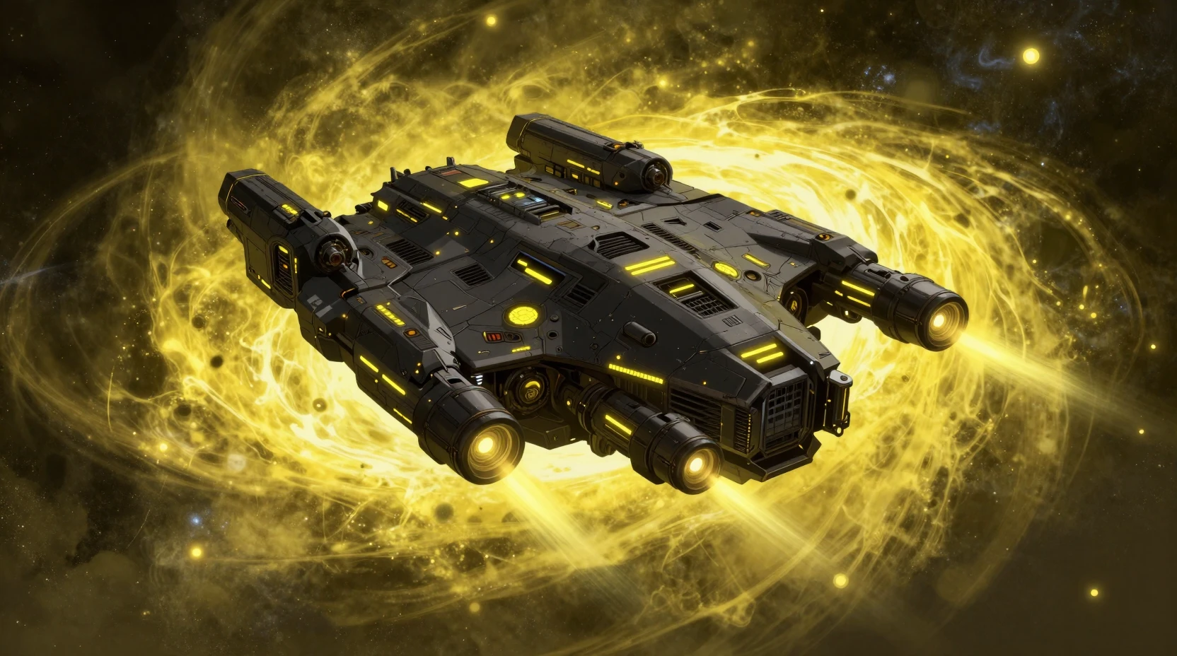 Massives Sci-Fi-Raumschiff, das durch leuchtend gelben Weltraum segelt
