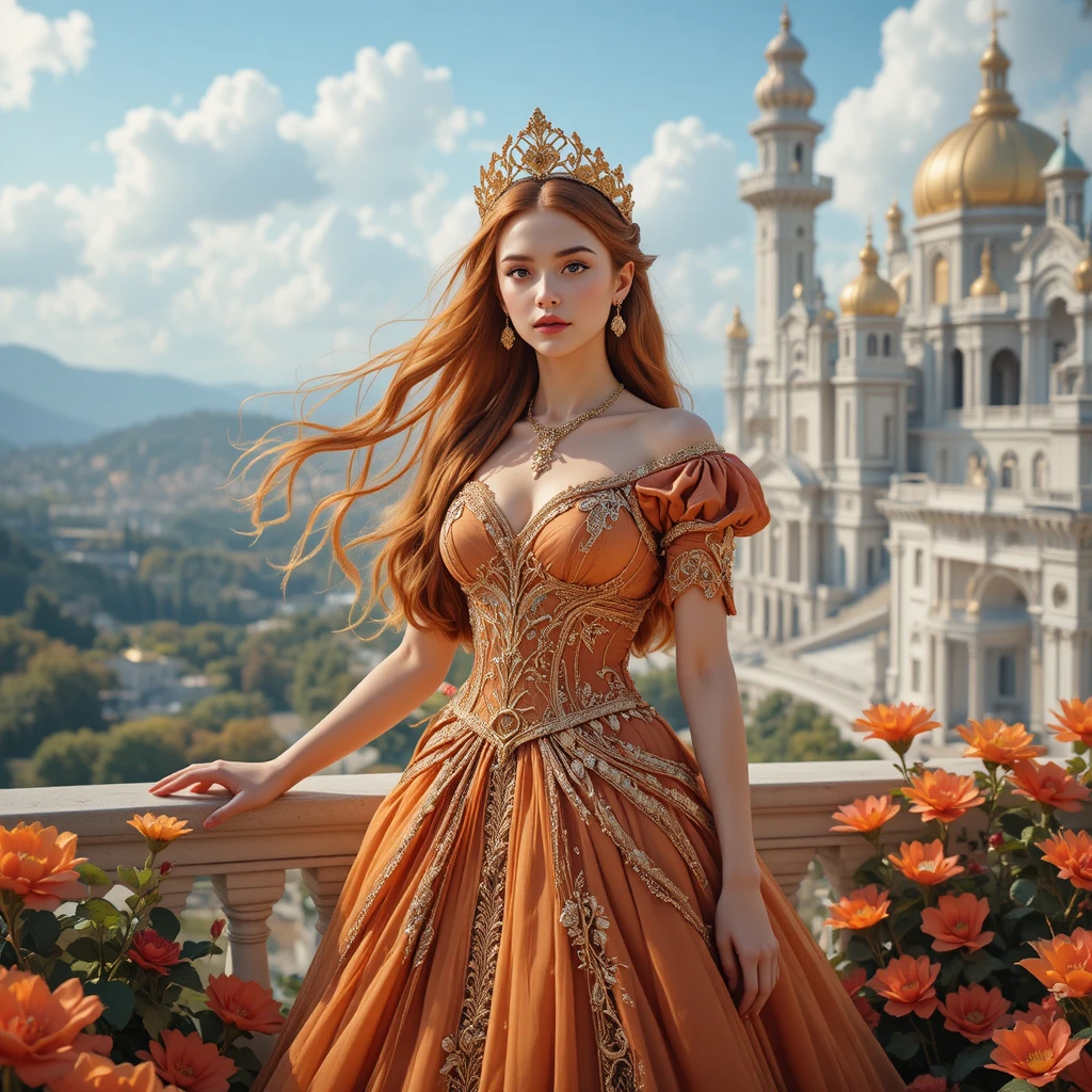 Princesa de fantasia em sacada de palácio banhada pelo sol com flores