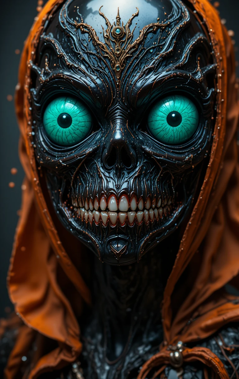 Monstro assustador com olhos verde-menta e corpo metálico