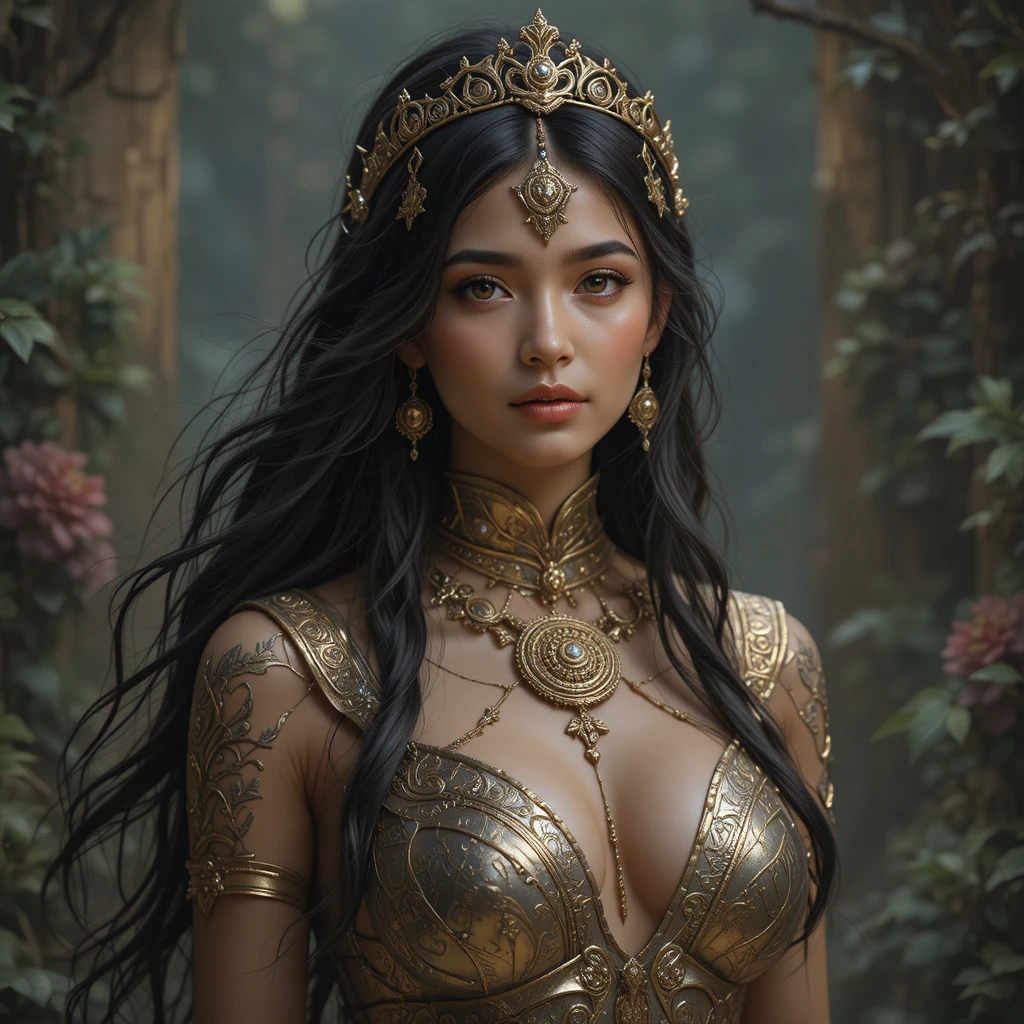 Fantasy woman in glittering adventure outfit among monkey trees