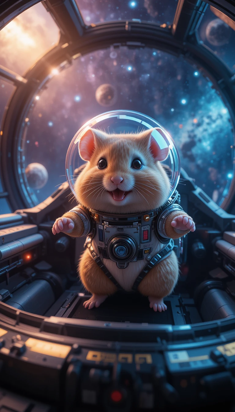 Adorable hamster capitaine dans le cockpit d’un vaisseau spatial sci‑fi
