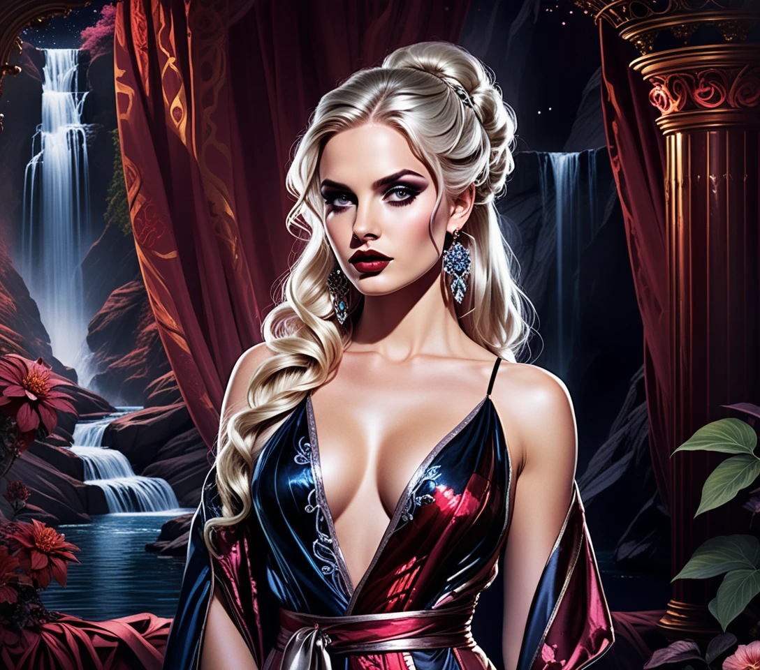 Blonde woman in celestial robe in mystical solarium