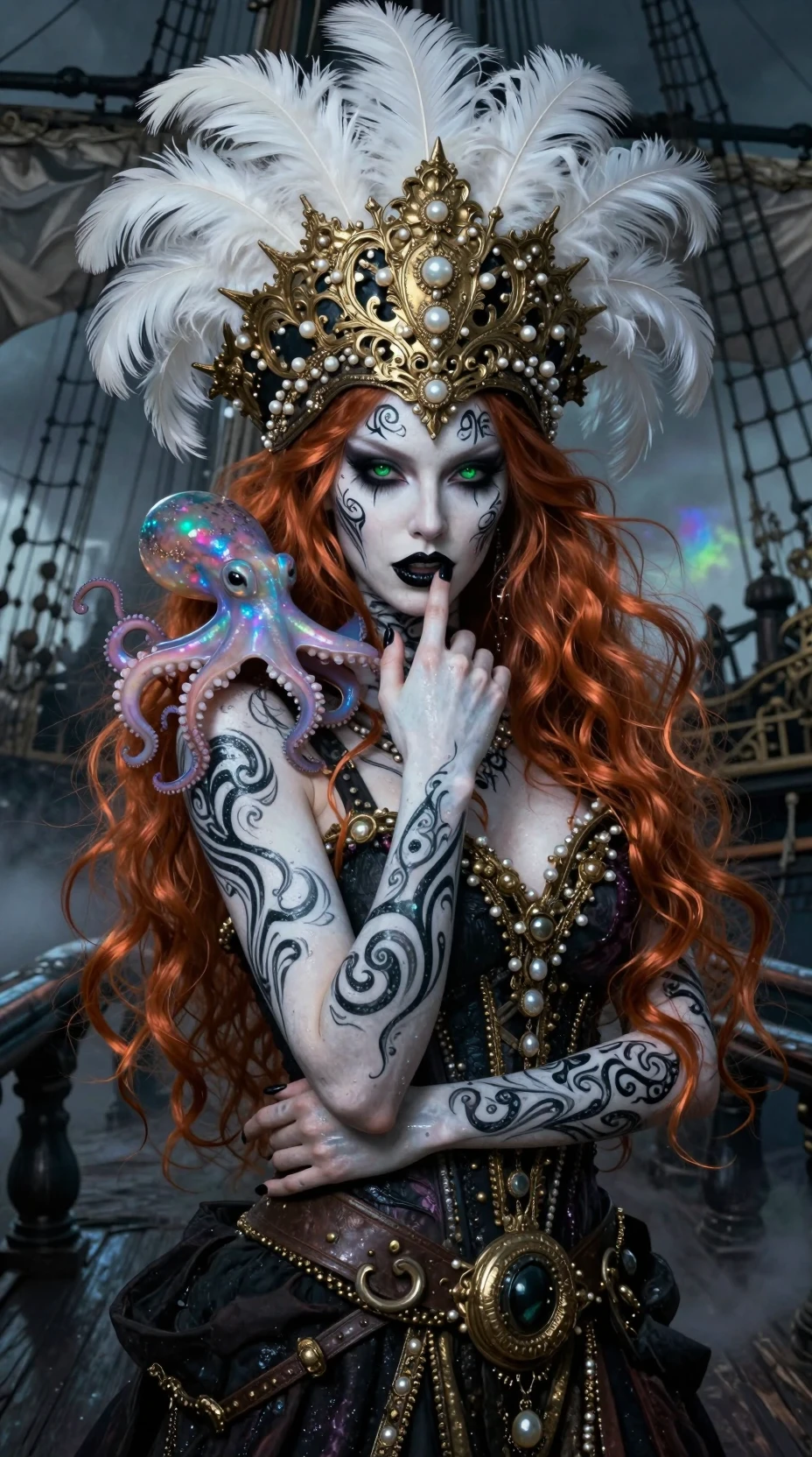 Reine pirate sombre avec peinture tribale et compagnon poulpe