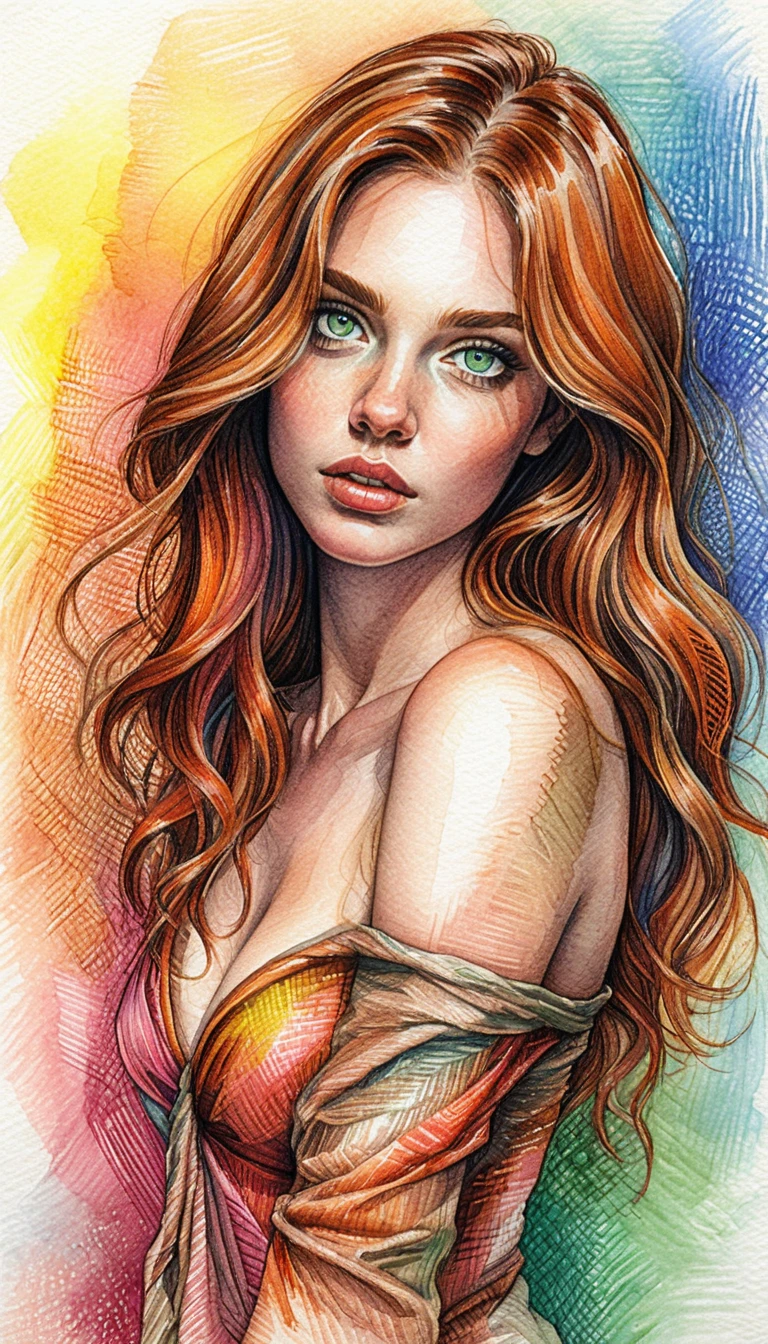 Retrato a lápis de cor de uma mulher com olhos verdes