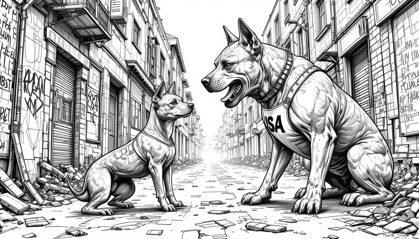 低吼的梗犬在陰鬱巷弄中對峙蜷縮的牧羊犬