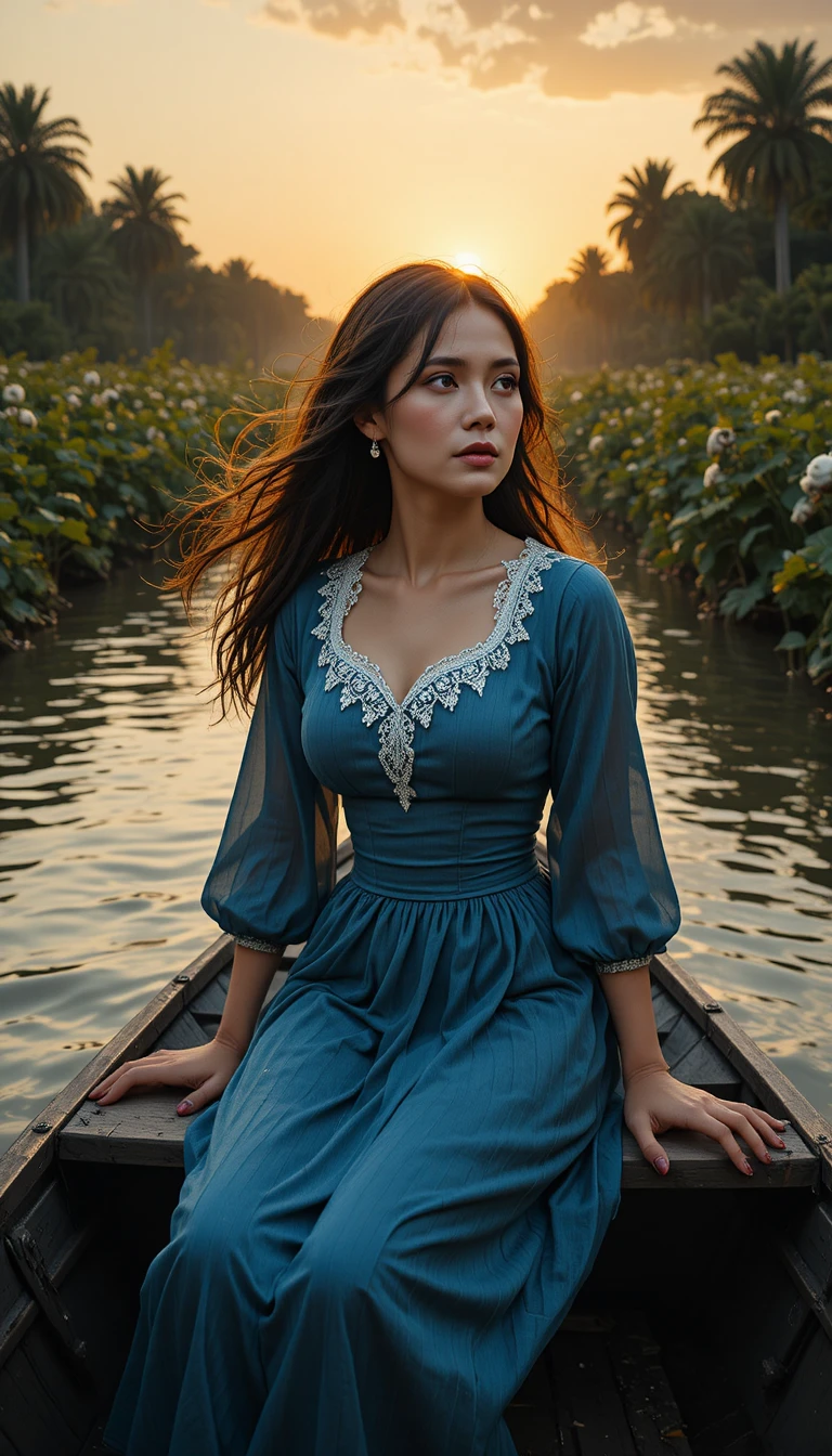 Young woman on a flatboat at sunset on the Mississippi