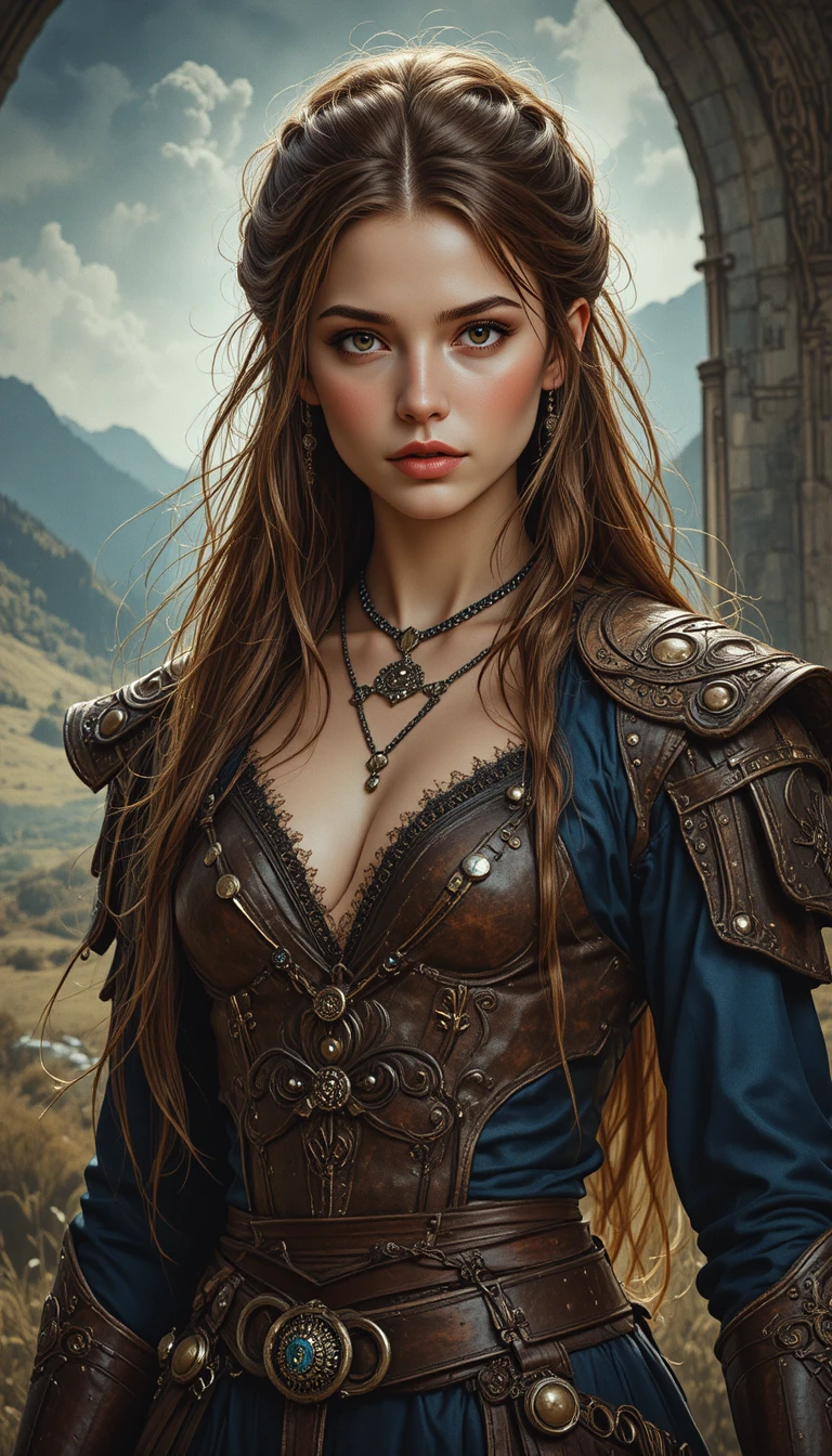 Guerreira medieval confiante em uma paisagem de fantasia