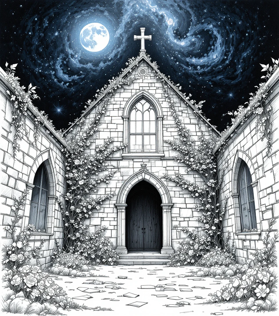 Interno di cappella abbandonata al chiaro di luna in stile romantico surreale