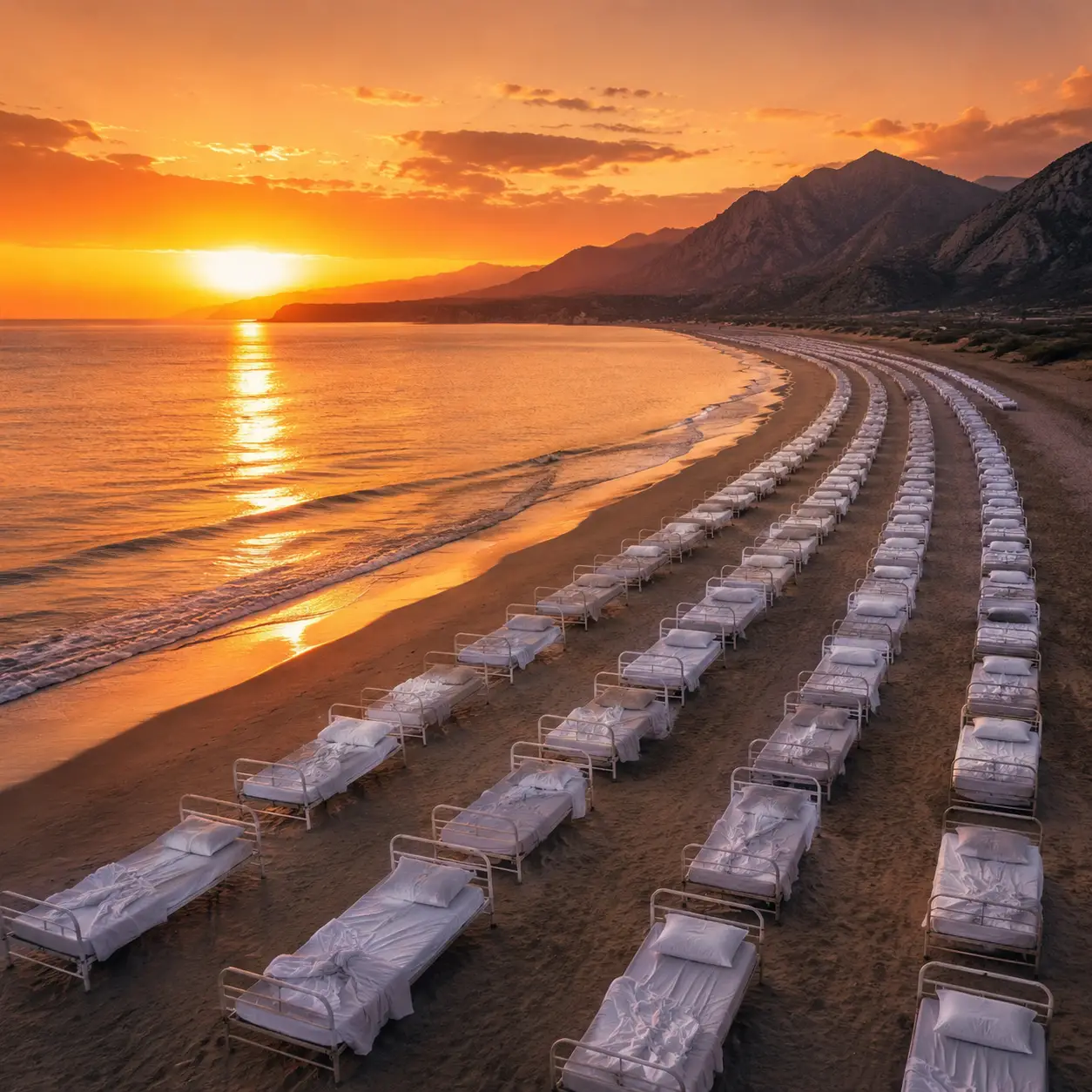 Vue aérienne de lits d’hôpital blancs alignés sur une plage au coucher du soleil