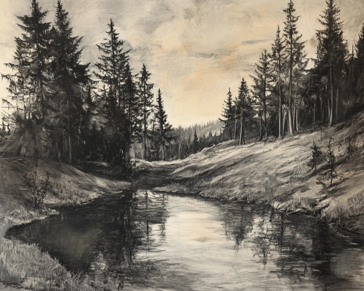 Paysage au fusain de collines ondoyantes et ruisseau forestier tranquille