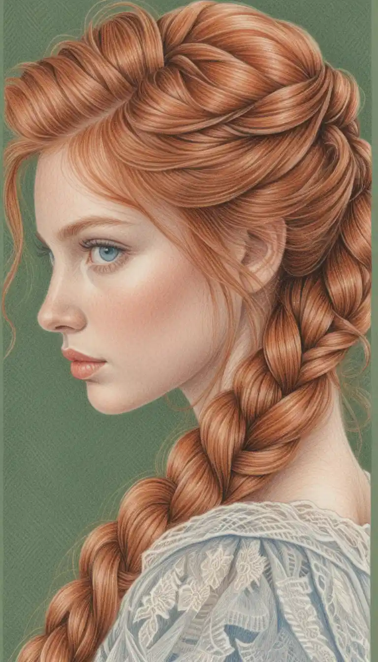 Ritratto a matite colorate di ragazza dai capelli rossi in abito di pizzo