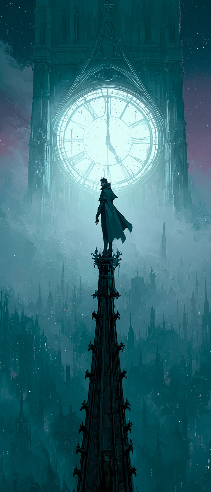 Vampiro Observando Cidade Vitoriana Enevoada à Meia-noite