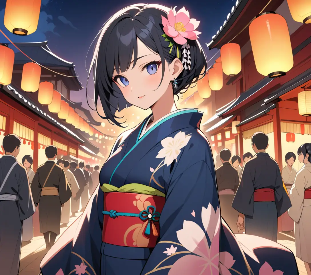 Elegante Japanerin im Kimono auf einem Nachtfest