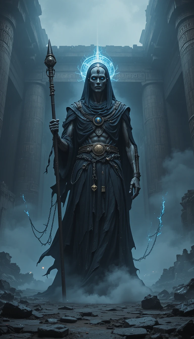 Arauto esquelético da morte diante do colossal portão de Kur