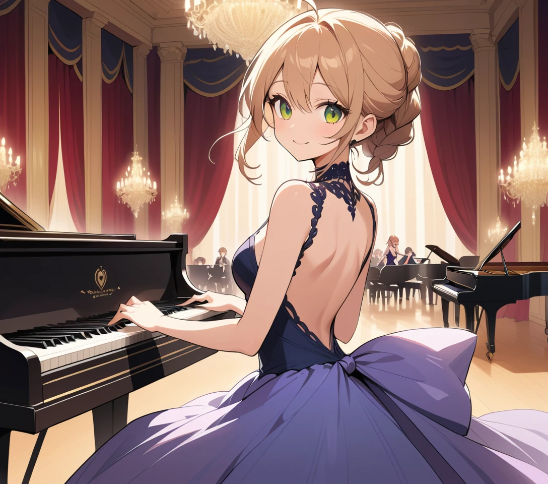 Menina sorridente tocando piano em um grande salão de concertos