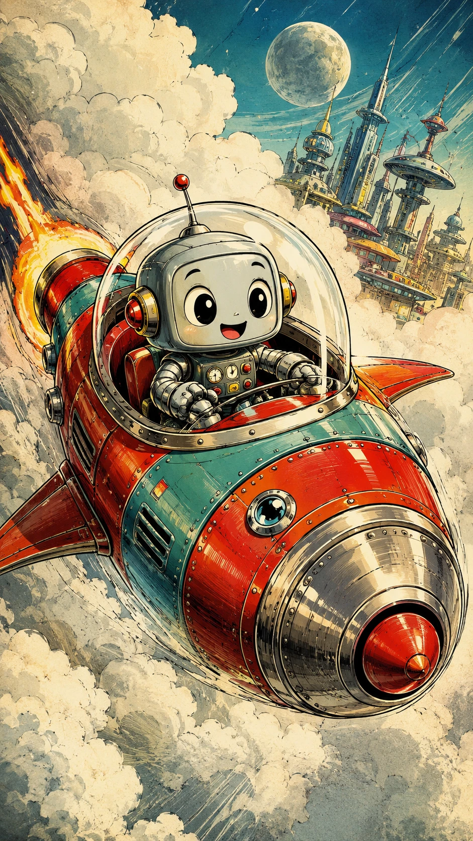 Fofo robô chibi pilotando uma nave espacial retrô na névoa