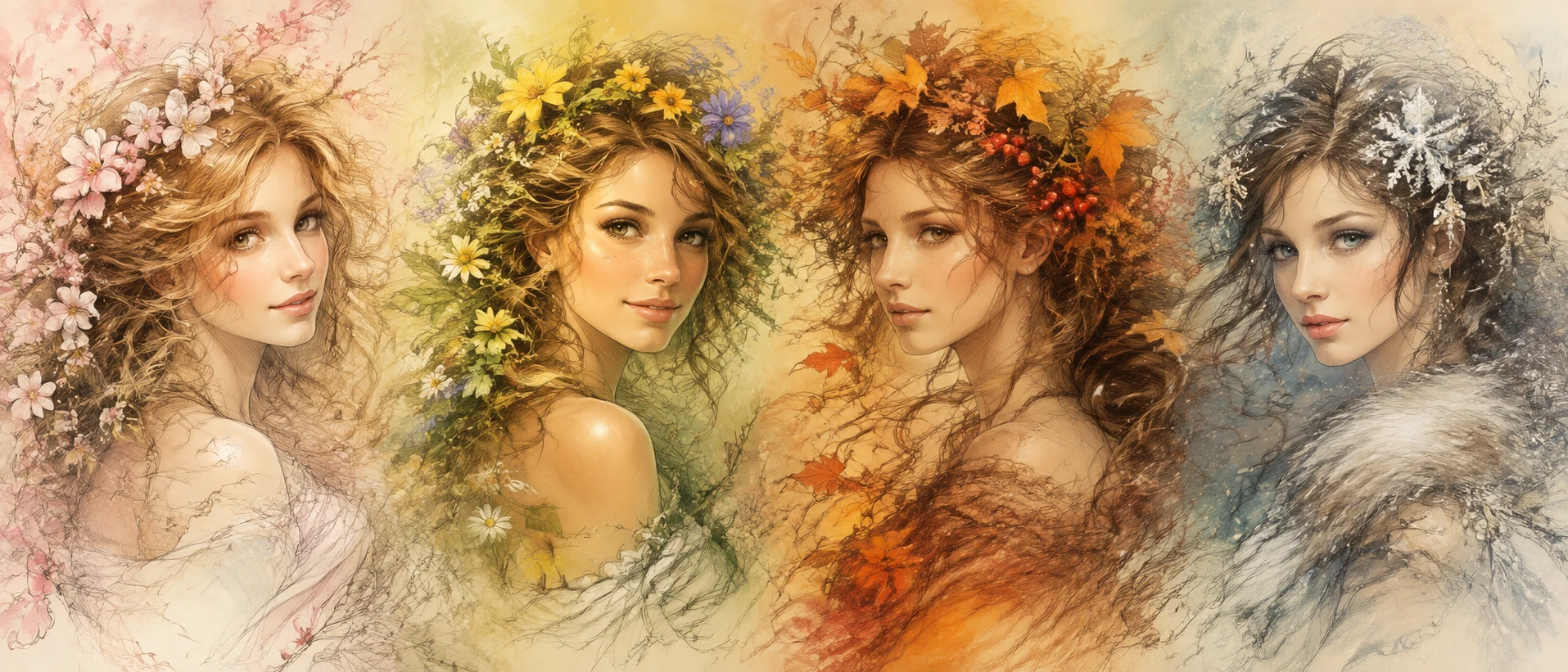 Fantasy women portraits as the four seasons in color