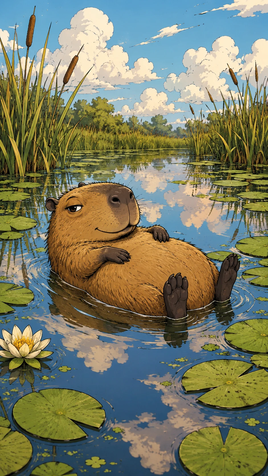 Capivara Flutuando de Costas em um Lago Tranquilo