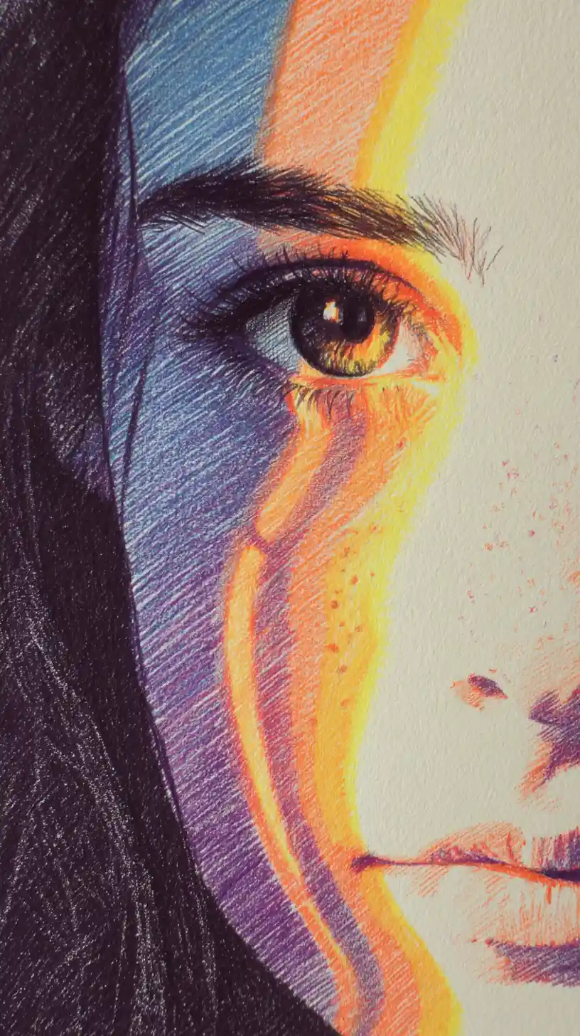 Close up color pencil portrait of freckled young woman