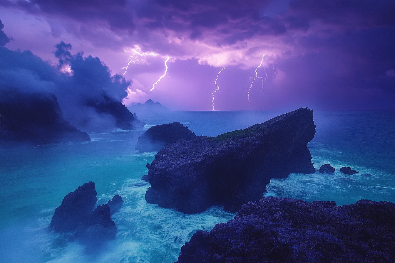 Costa rochosa tempestuosa com relâmpagos sobre oceano turbulento