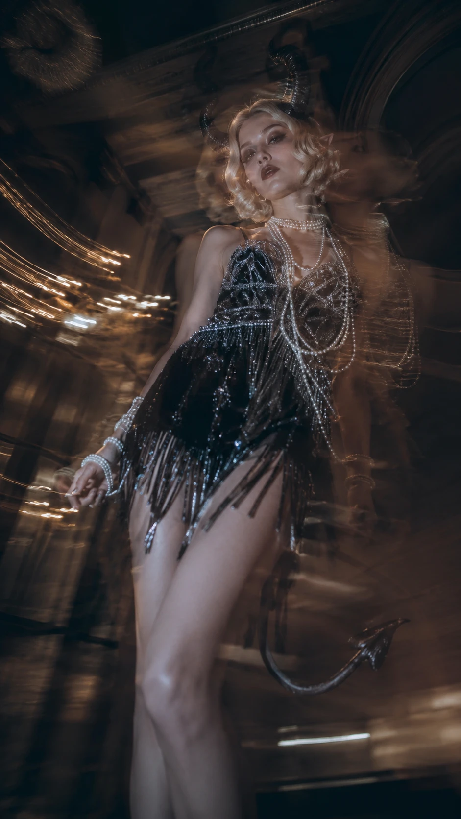 Elegante tiefling flapper em um vestido preto com miçangas