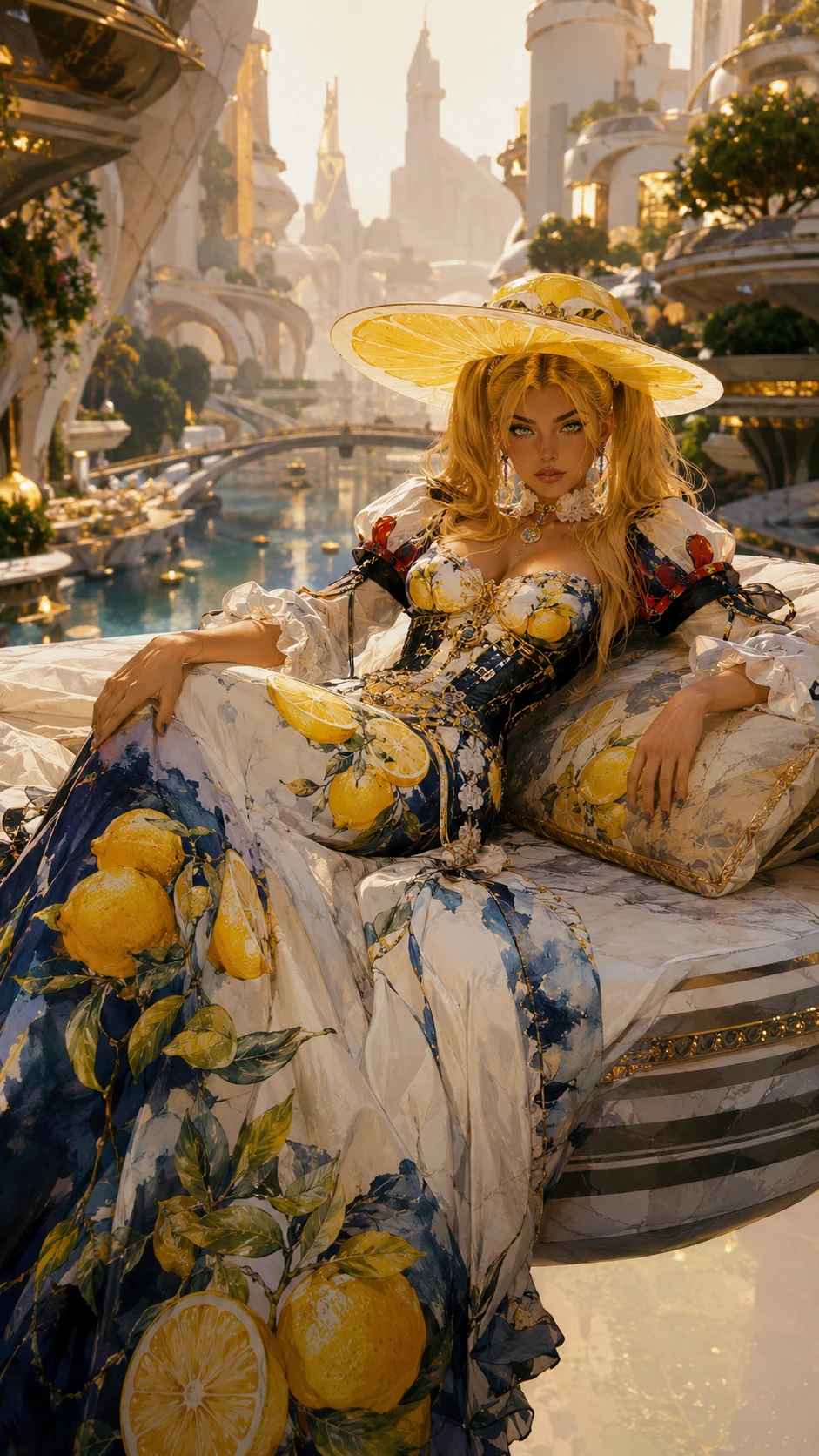 Mulher cinematográfica futurista relaxando em uma cama de luxo flutuante