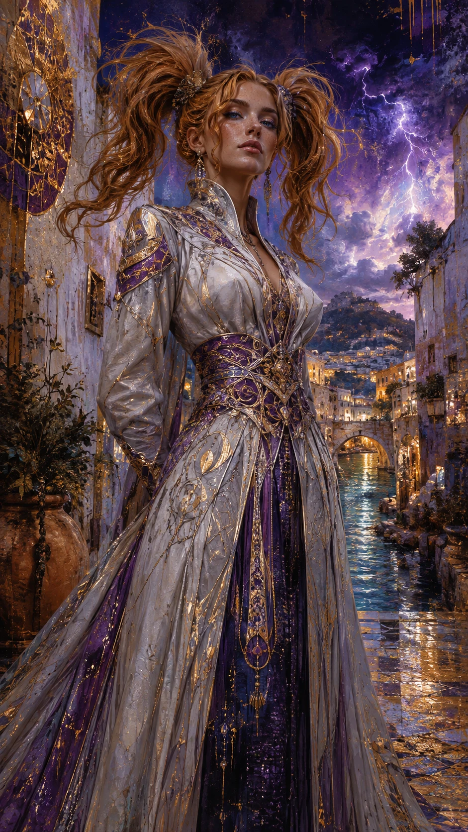 華麗精緻禮服中的自信奇幻女子（低角度視角）