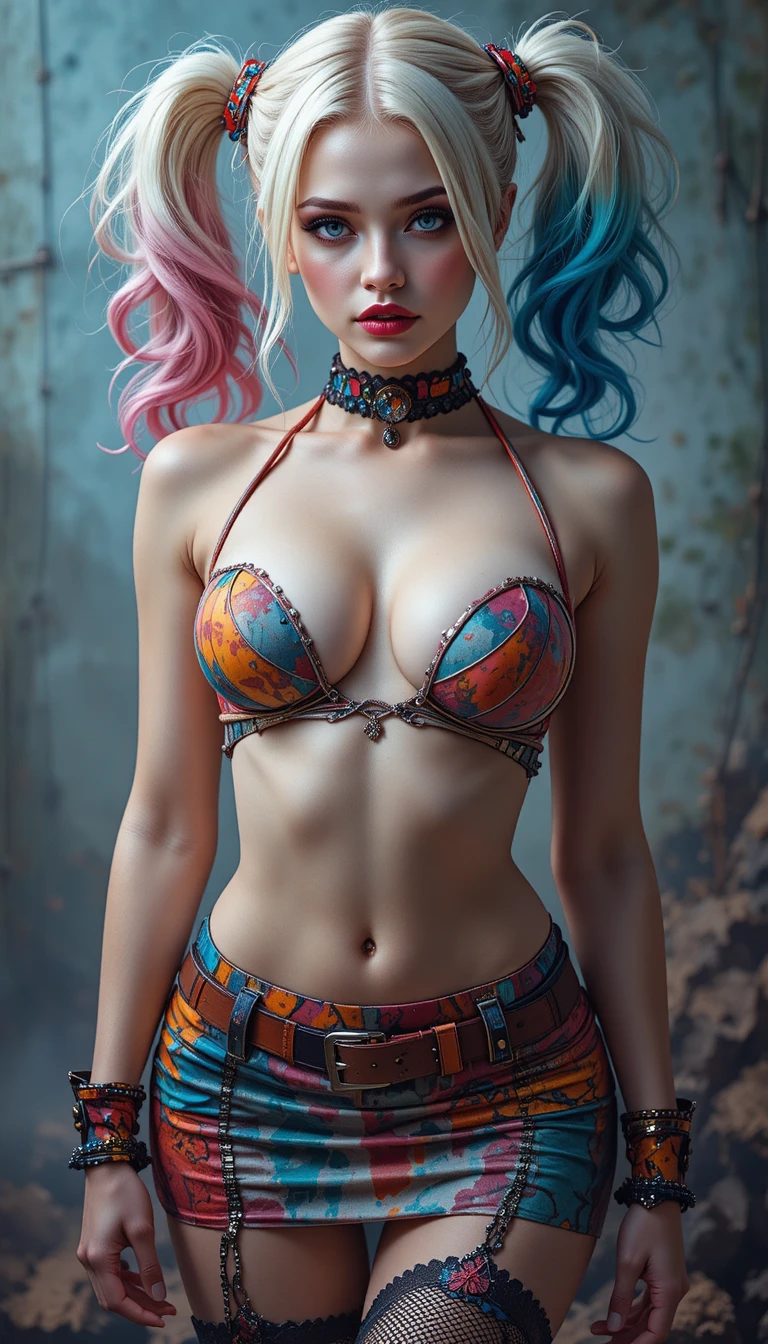 Mulher surreal com mini saia abstrata esvoaçante e maquiagem