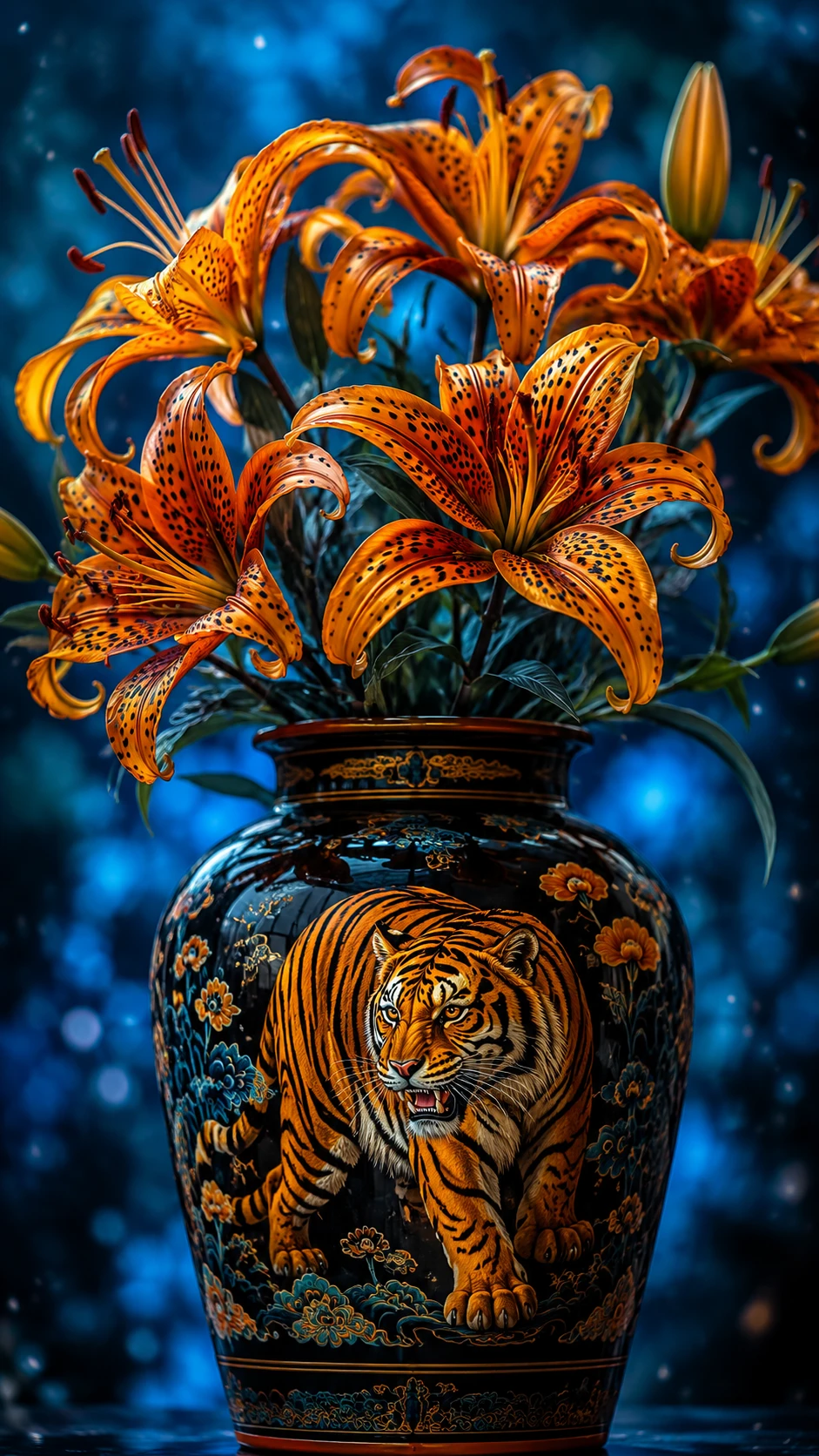 Vaso nero con motivo di tigre e gigli tigrati in fiore